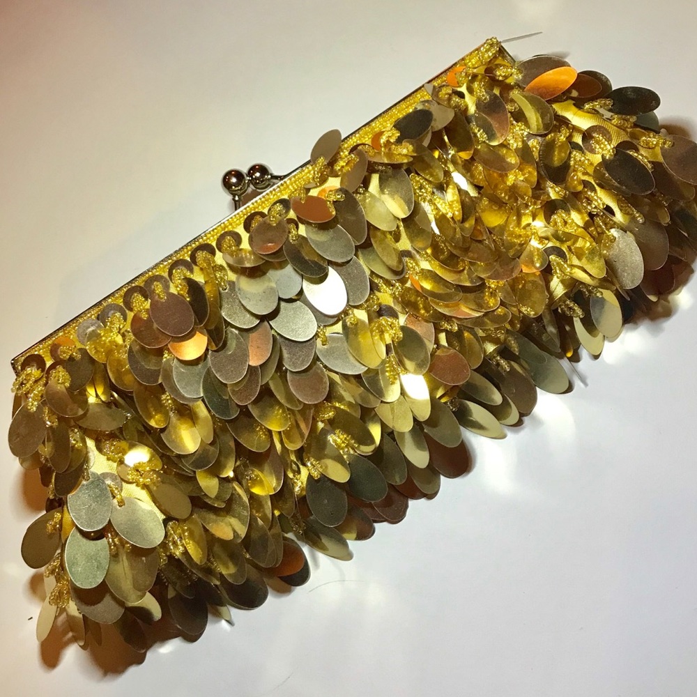 Large gold sequins and beaded  clutch gold lining